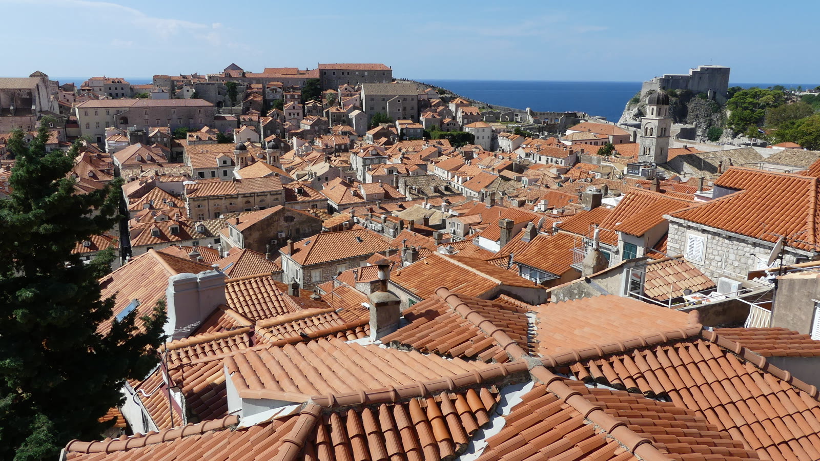 Dubrovniks roede tage set fra bymuren med havet bagved